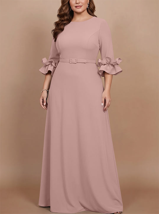 A-Line/Princess Scoop Stretch Satin Plus Size Mother of the Bride Dresses Floor-Length 3/4 Sleeves Ruffles