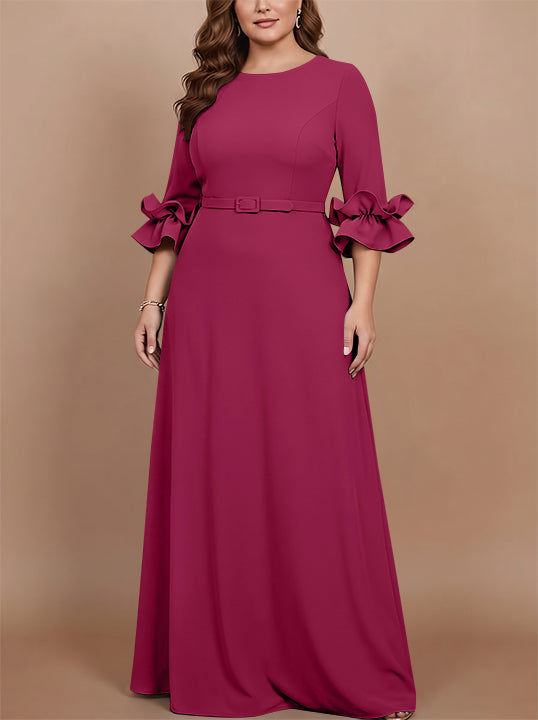 A-Line/Princess Scoop Stretch Satin Plus Size Mother of the Bride Dresses Floor-Length 3/4 Sleeves Ruffles