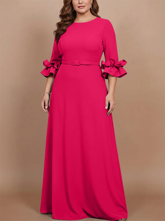 A-Line/Princess Scoop Stretch Satin Plus Size Mother of the Bride Dresses Floor-Length 3/4 Sleeves Ruffles