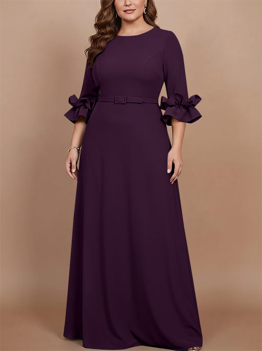 A-Line/Princess Scoop Stretch Satin Plus Size Mother of the Bride Dresses Floor-Length 3/4 Sleeves Ruffles