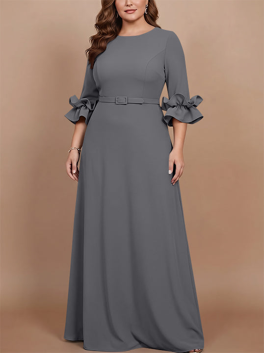 A-Line/Princess Scoop Stretch Satin Plus Size Mother of the Bride Dresses Floor-Length 3/4 Sleeves Ruffles