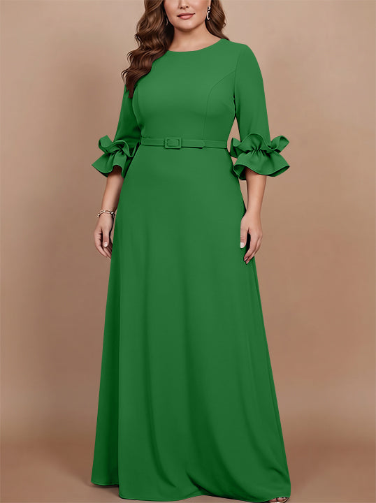 A-Line/Princess Scoop Stretch Satin Plus Size Mother of the Bride Dresses Floor-Length 3/4 Sleeves Ruffles