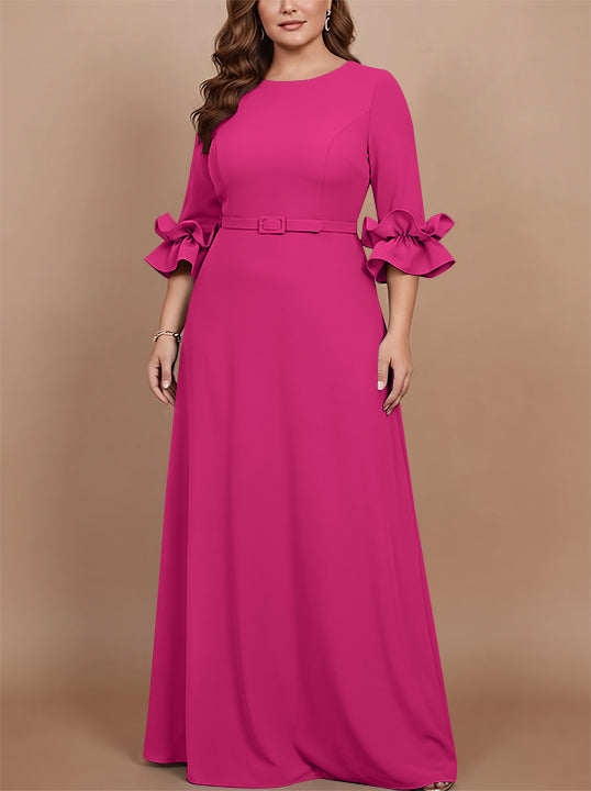 A-Line/Princess Scoop Stretch Satin Plus Size Mother of the Bride Dresses Floor-Length 3/4 Sleeves Ruffles