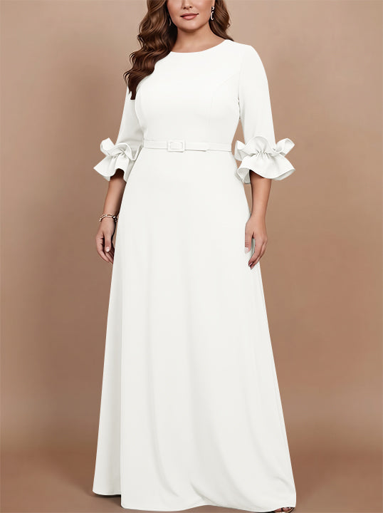 A-Line/Princess Scoop Stretch Satin Plus Size Mother of the Bride Dresses Floor-Length 3/4 Sleeves Ruffles