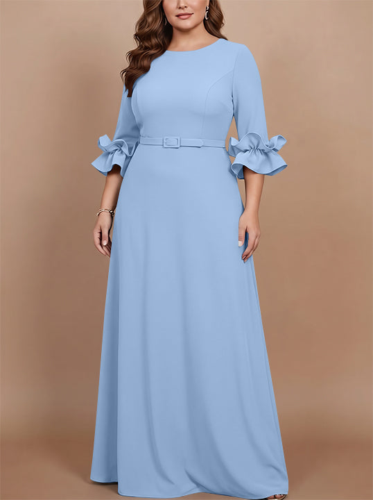 A-Line/Princess Scoop Stretch Satin Plus Size Mother of the Bride Dresses Floor-Length 3/4 Sleeves Ruffles