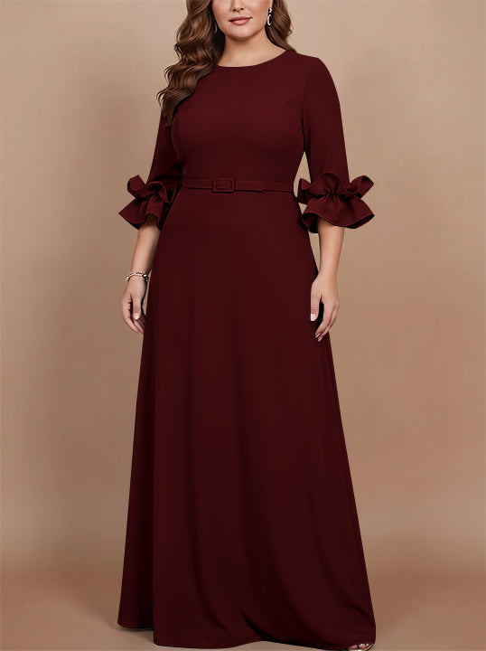 A-Line/Princess Scoop Stretch Satin Plus Size Mother of the Bride Dresses Floor-Length 3/4 Sleeves Ruffles