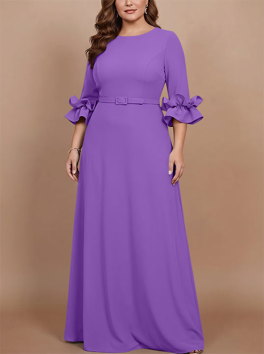 A-Line/Princess Scoop Stretch Satin Plus Size Mother of the Bride Dresses Floor-Length 3/4 Sleeves Ruffles