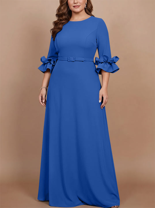 A-Line/Princess Scoop Stretch Satin Plus Size Mother of the Bride Dresses Floor-Length 3/4 Sleeves Ruffles