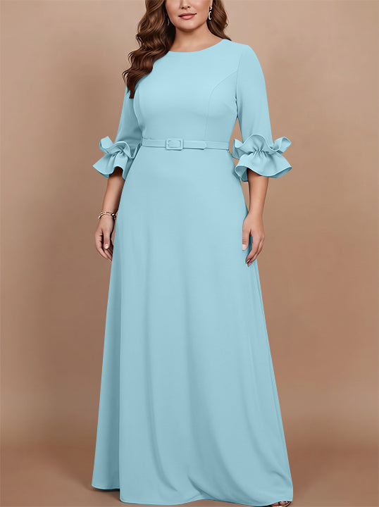 A-Line/Princess Scoop Stretch Satin Plus Size Mother of the Bride Dresses Floor-Length 3/4 Sleeves Ruffles