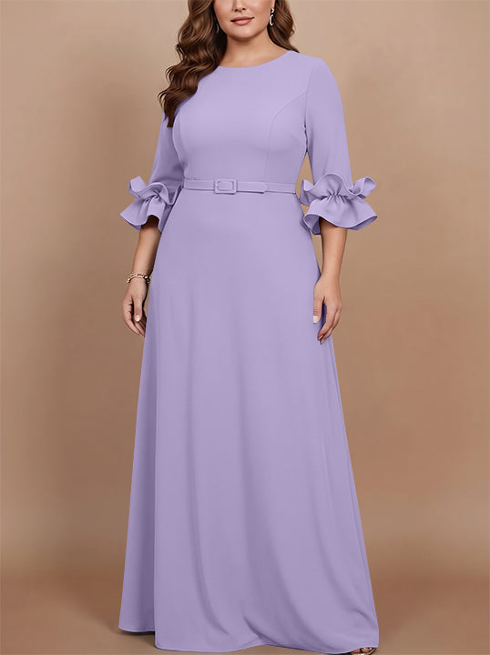A-Line/Princess Scoop Stretch Satin Plus Size Mother of the Bride Dresses Floor-Length 3/4 Sleeves Ruffles