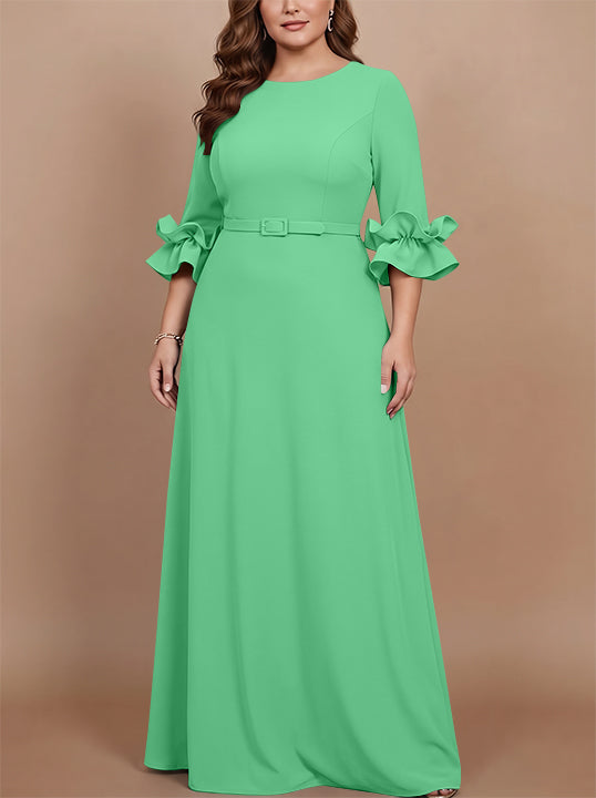 A-Line/Princess Scoop Stretch Satin Plus Size Mother of the Bride Dresses Floor-Length 3/4 Sleeves Ruffles