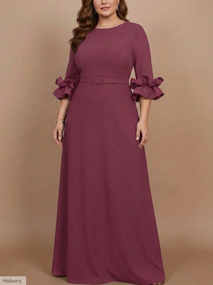A-Line/Princess Scoop Stretch Satin Plus Size Mother of the Bride Dresses Floor-Length 3/4 Sleeves Ruffles