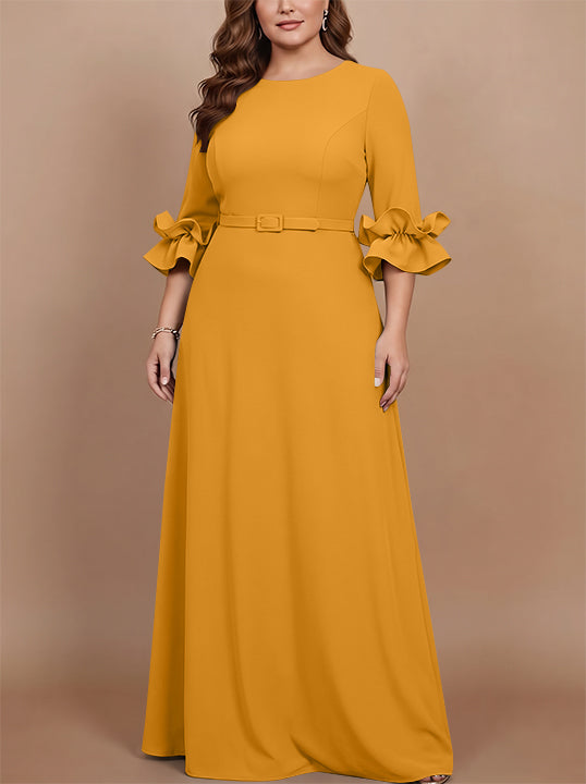 A-Line/Princess Scoop Stretch Satin Plus Size Mother of the Bride Dresses Floor-Length 3/4 Sleeves Ruffles