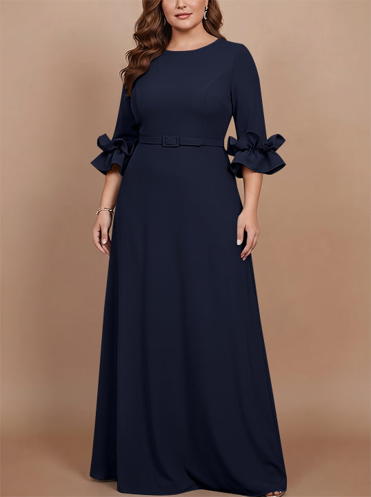A-Line/Princess Scoop Stretch Satin Plus Size Mother of the Bride Dresses Floor-Length 3/4 Sleeves Ruffles