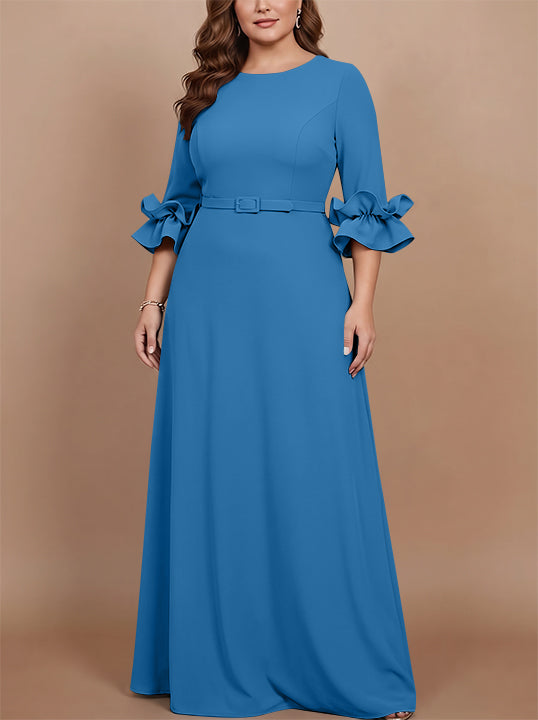 A-Line/Princess Scoop Stretch Satin Plus Size Mother of the Bride Dresses Floor-Length 3/4 Sleeves Ruffles