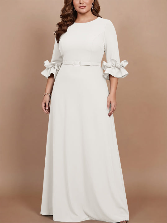 A-Line/Princess Scoop Stretch Satin Plus Size Mother of the Bride Dresses Floor-Length 3/4 Sleeves Ruffles