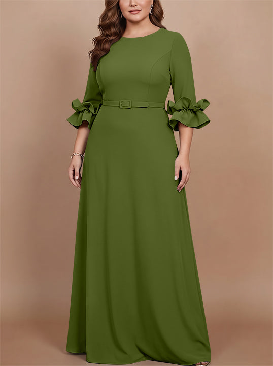 A-Line/Princess Scoop Stretch Satin Plus Size Mother of the Bride Dresses Floor-Length 3/4 Sleeves Ruffles
