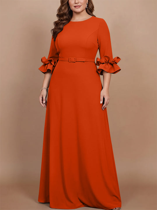 A-Line/Princess Scoop Stretch Satin Plus Size Mother of the Bride Dresses Floor-Length 3/4 Sleeves Ruffles