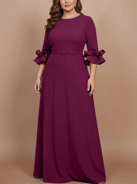 A-Line/Princess Scoop Stretch Satin Plus Size Mother of the Bride Dresses Floor-Length 3/4 Sleeves Ruffles