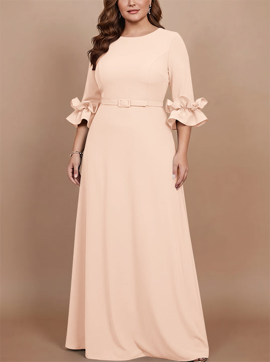 A-Line/Princess Scoop Stretch Satin Plus Size Mother of the Bride Dresses Floor-Length 3/4 Sleeves Ruffles