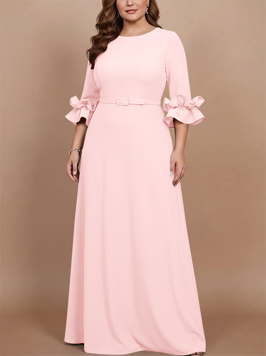 A-Line/Princess Scoop Stretch Satin Plus Size Mother of the Bride Dresses Floor-Length 3/4 Sleeves Ruffles