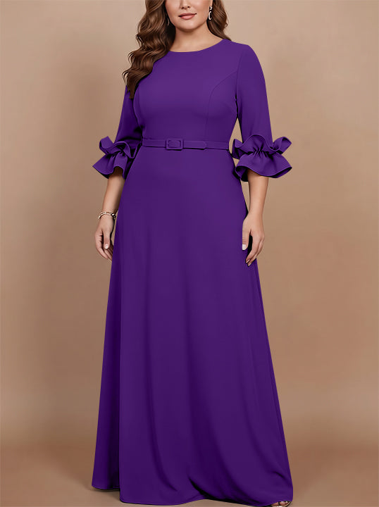 A-Line/Princess Scoop Stretch Satin Plus Size Mother of the Bride Dresses Floor-Length 3/4 Sleeves Ruffles