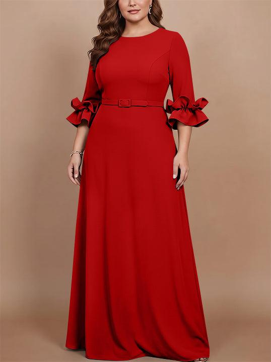 A-Line/Princess Scoop Stretch Satin Plus Size Mother of the Bride Dresses Floor-Length 3/4 Sleeves Ruffles