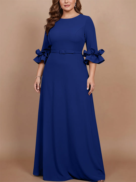 A-Line/Princess Scoop Stretch Satin Plus Size Mother of the Bride Dresses Floor-Length 3/4 Sleeves Ruffles