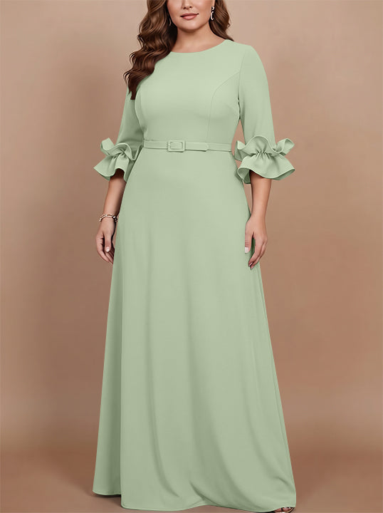 A-Line/Princess Scoop Stretch Satin Plus Size Mother of the Bride Dresses Floor-Length 3/4 Sleeves Ruffles