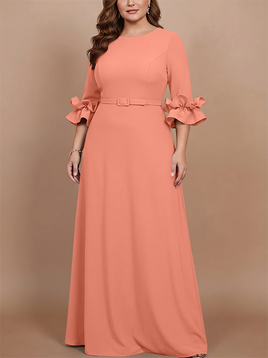 A-Line/Princess Scoop Stretch Satin Plus Size Mother of the Bride Dresses Floor-Length 3/4 Sleeves Ruffles