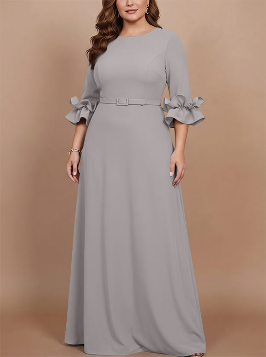 A-Line/Princess Scoop Stretch Satin Plus Size Mother of the Bride Dresses Floor-Length 3/4 Sleeves Ruffles