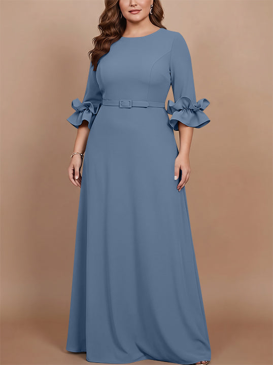 A-Line/Princess Scoop Stretch Satin Plus Size Mother of the Bride Dresses Floor-Length 3/4 Sleeves Ruffles