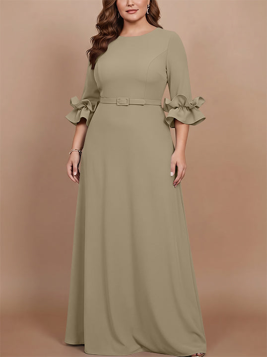A-Line/Princess Scoop Stretch Satin Plus Size Mother of the Bride Dresses Floor-Length 3/4 Sleeves Ruffles