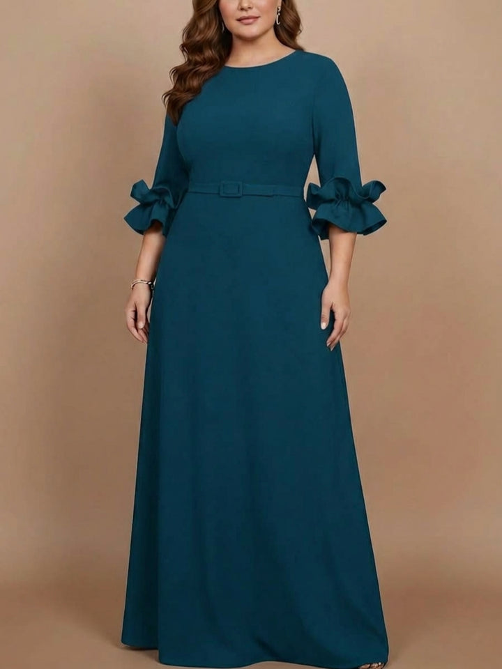 A-Line/Princess Scoop Stretch Satin Plus Size Mother of the Bride Dresses Floor-Length 3/4 Sleeves Ruffles