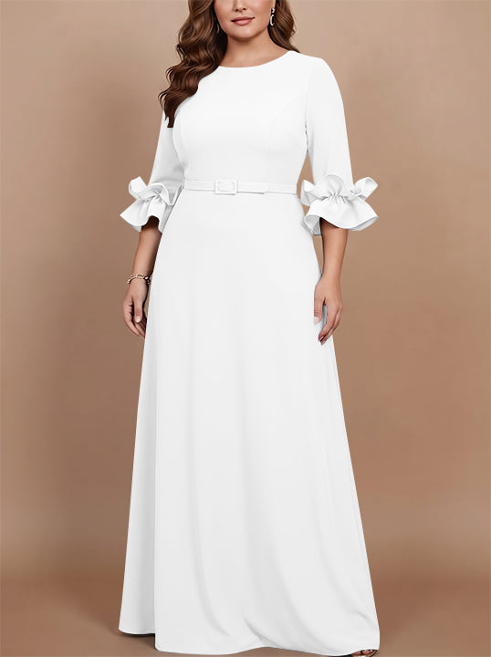 A-Line/Princess Scoop Stretch Satin Plus Size Mother of the Bride Dresses Floor-Length 3/4 Sleeves Ruffles