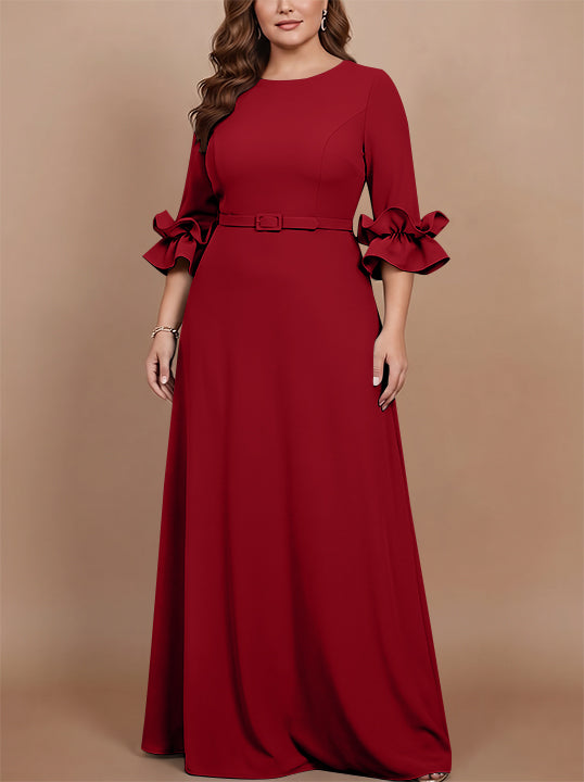A-Line/Princess Scoop Stretch Satin Plus Size Mother of the Bride Dresses Floor-Length 3/4 Sleeves Ruffles