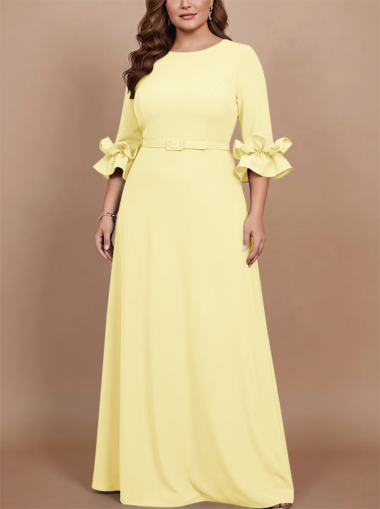 A-Line/Princess Scoop Stretch Satin Plus Size Mother of the Bride Dresses Floor-Length 3/4 Sleeves Ruffles