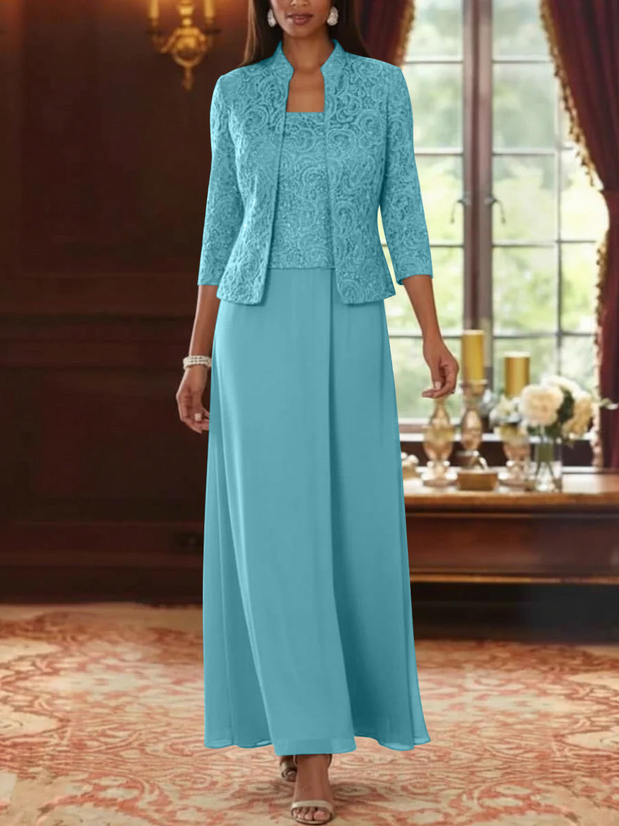 2 Pieces A-Line/Princess Square Collar Chiffon Mother of the Bride Dresses with Jacket Lace Ankle-Length 3/4 Sleeves
