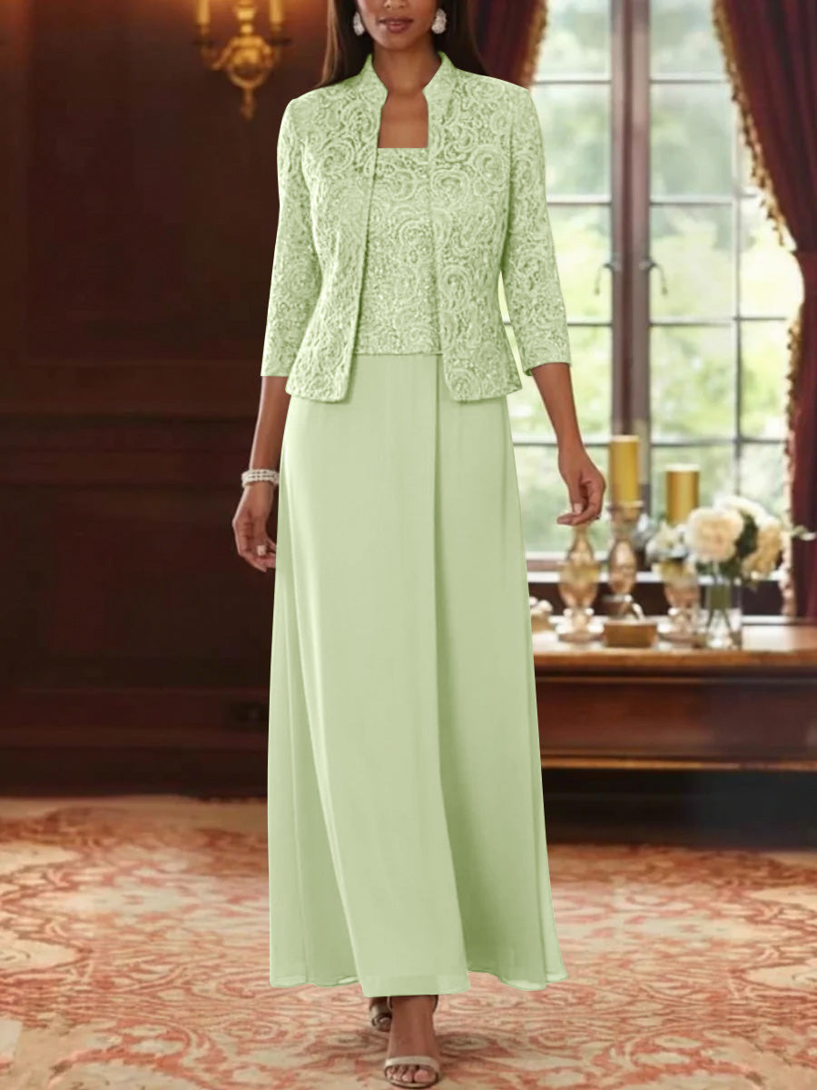 2 Pieces A-Line/Princess Square Collar Chiffon Mother of the Bride Dresses with Jacket Lace Ankle-Length 3/4 Sleeves