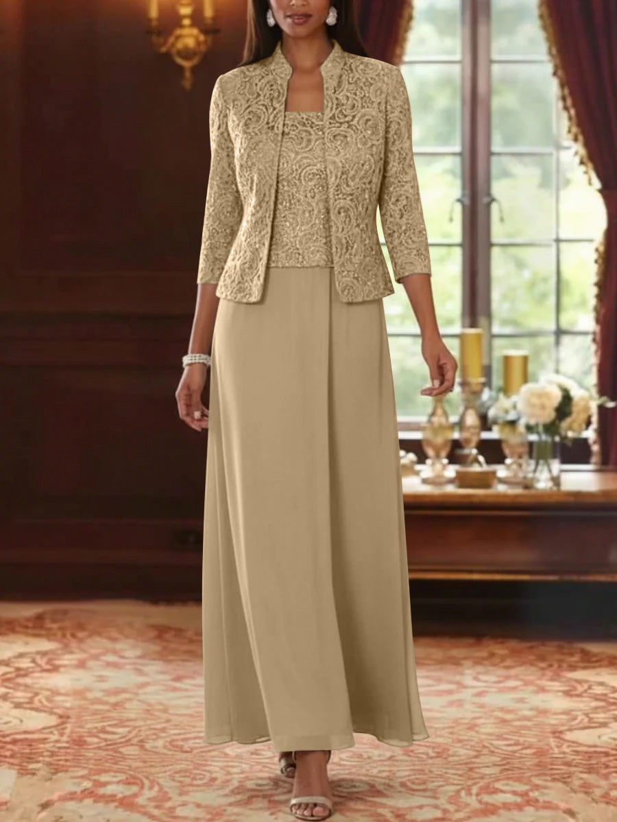 champagne mother of the bride dress with jacket 2 Pieces A-Line/Princess Square Collar Chiffon Mother of the Bride Dresses with Jacket Lace Ankle-Length 3/4 Sleeves Blue