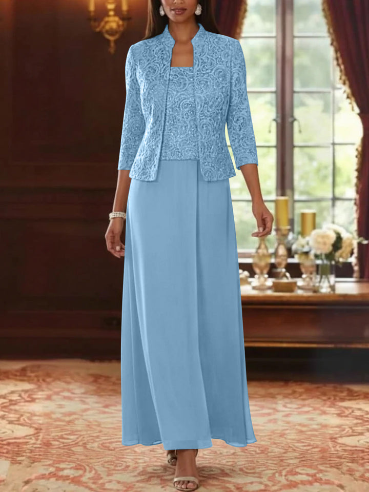 2 Pieces A-Line/Princess Square Collar Chiffon Mother of the Bride Dresses with Jacket Lace Ankle-Length 3/4 Sleeves