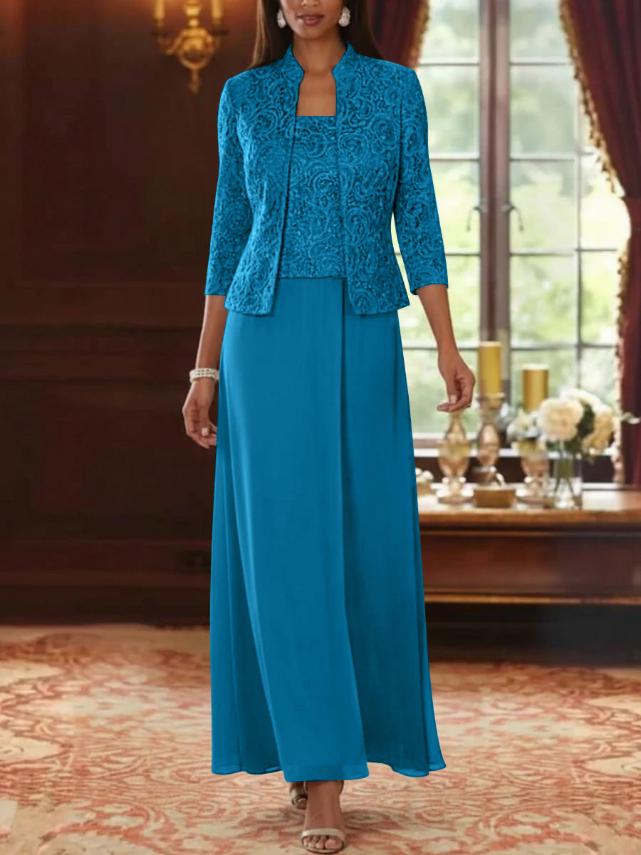 2 Pieces A-Line/Princess Square Collar Chiffon Mother of the Bride Dresses with Jacket Lace Ankle-Length 3/4 Sleeves Ocean Blue