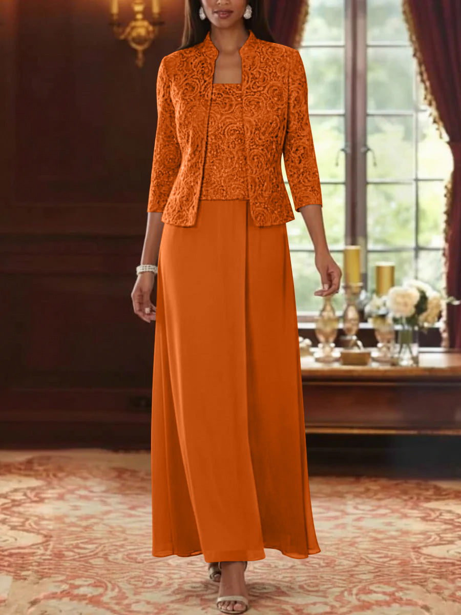 2 Pieces A-Line/Princess Square Collar Chiffon Mother of the Bride Dresses with Jacket Lace Ankle-Length 3/4 Sleeves Orange 2 Pieces A-Line/Princess Square Collar Chiffon Mother of the Bride Dresses with Jacket Lace Ankle-Length 3/4 Sleeves Orange