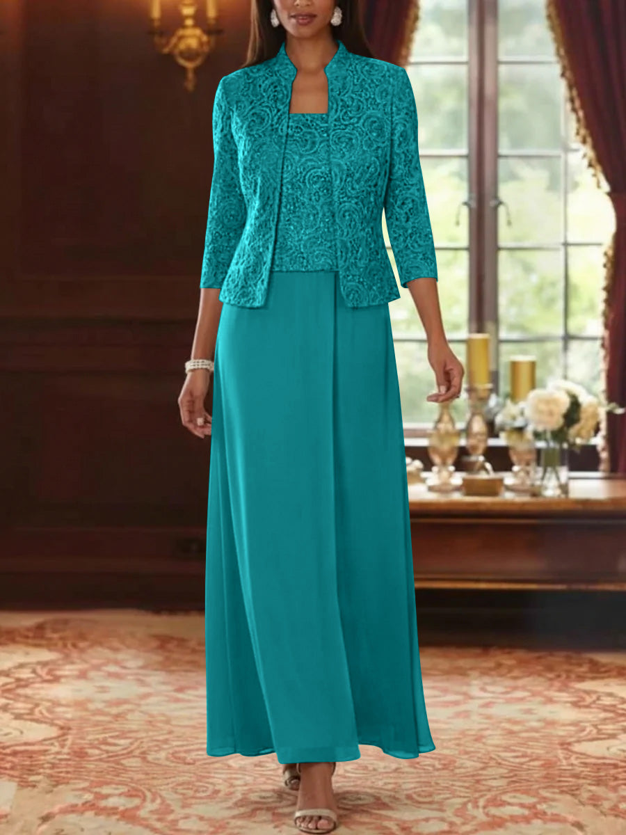 2 Pieces A-Line/Princess Square Collar Chiffon Mother of the Bride Dresses with Jacket Lace Ankle-Length 3/4 Sleeves Blue