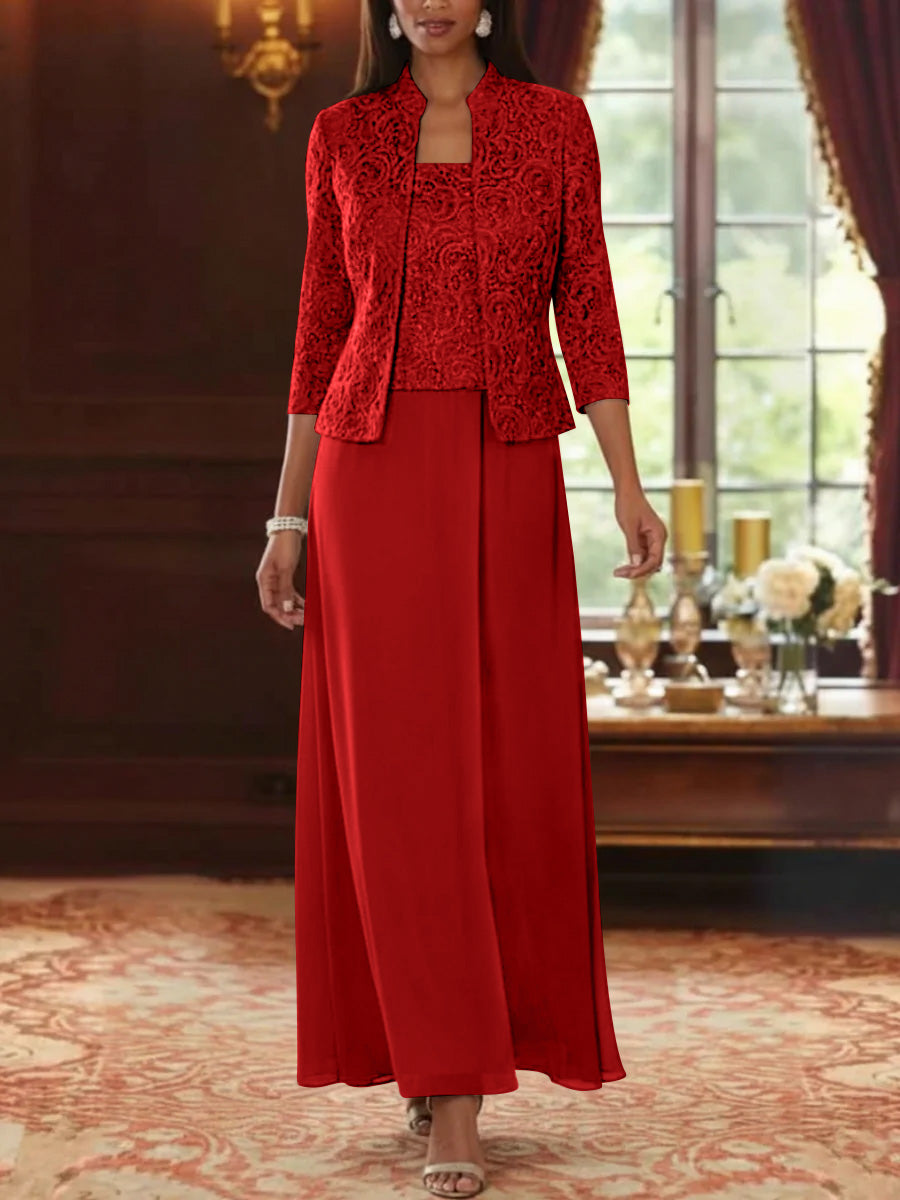 2 Pieces A-Line/Princess Square Collar Chiffon Mother of the Bride Dresses with Jacket Lace Ankle-Length 3/4 Sleeves Red 2 Pieces A-Line/Princess Square Collar Chiffon Mother of the Bride Dresses with Jacket Lace Ankle-Length 3/4 Sleeves Red