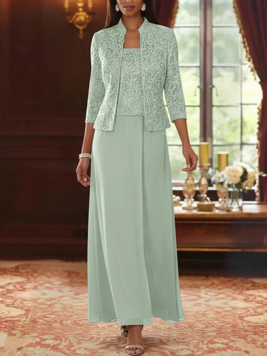 2 Pieces A-Line/Princess Square Collar Chiffon Mother of the Bride Dresses with Jacket Lace Ankle-Length 3/4 Sleeves Sage 2 Pieces A-Line/Princess Square Collar Chiffon Mother of the Bride Dresses with Jacket Lace Ankle-Length 3/4 Sleeves Sage
