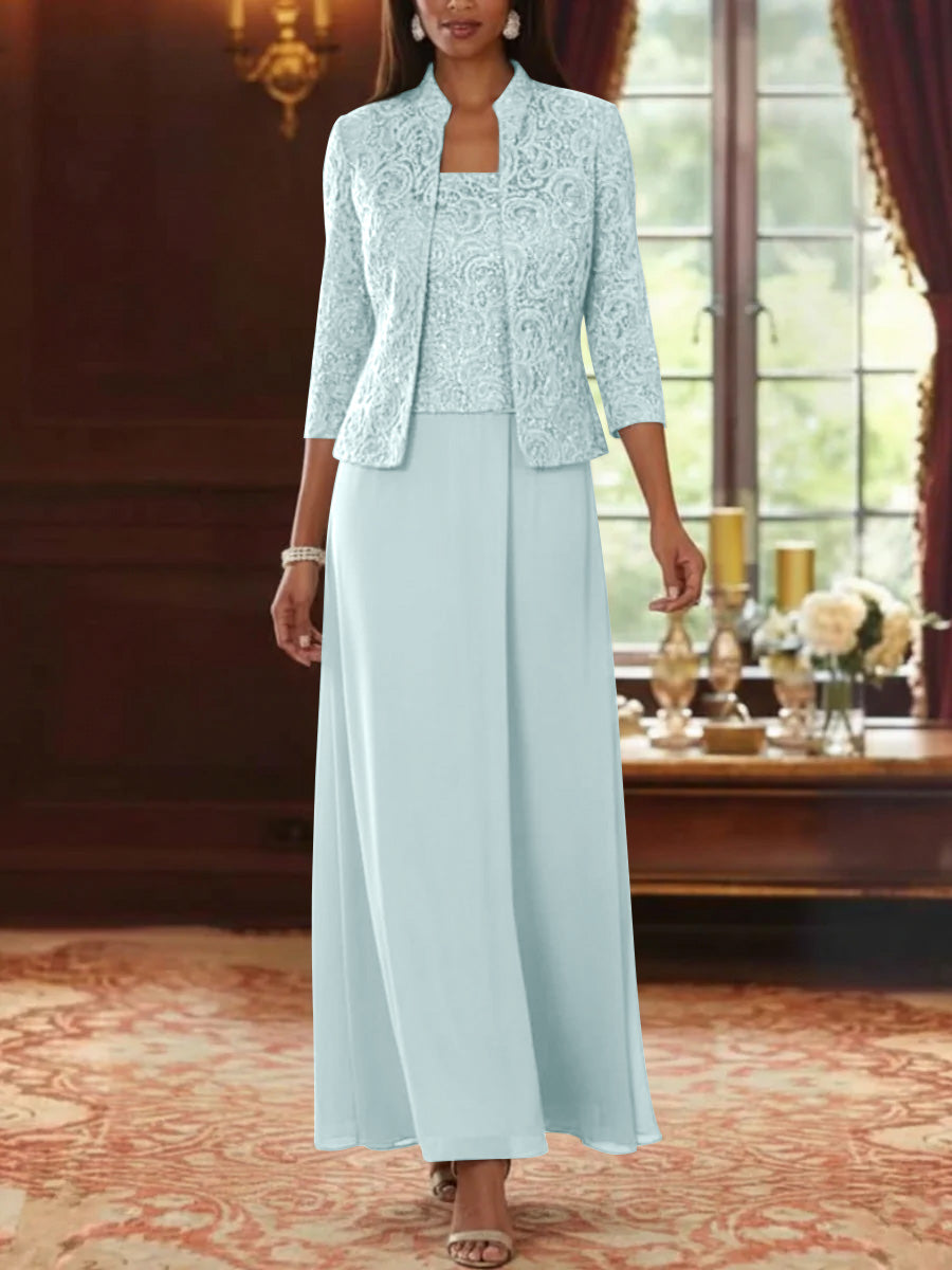 2 Pieces A-Line/Princess Square Collar Chiffon Mother of the Bride Dresses with Jacket Lace Ankle-Length 3/4 Sleeves