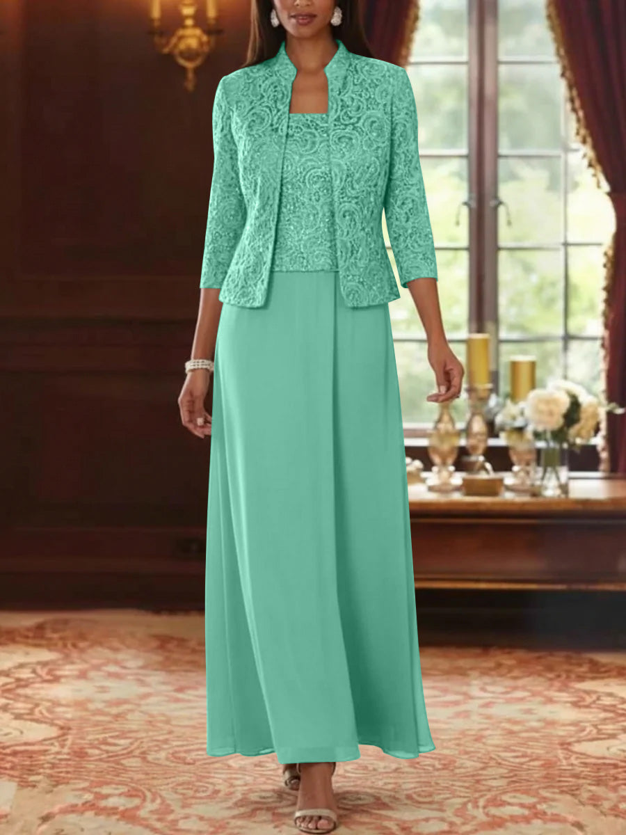 2 Pieces A-Line/Princess Square Collar Chiffon Mother of the Bride Dresses with Jacket Lace Ankle-Length 3/4 Sleeves Spa 2 Pieces A-Line/Princess Square Collar Chiffon Mother of the Bride Dresses with Jacket Lace Ankle-Length 3/4 Sleeves Spa