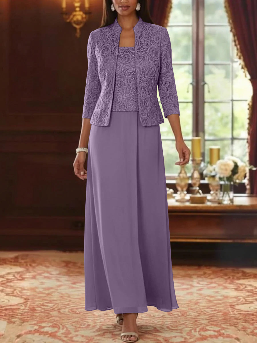 2 Pieces A-Line/Princess Square Collar Chiffon Mother of the Bride Dresses with Jacket Lace Ankle-Length 3/4 Sleeves