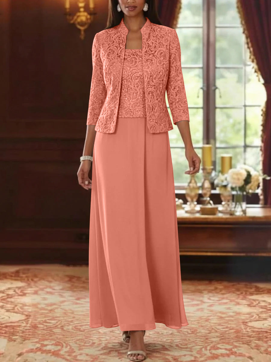2 Pieces A-Line/Princess Square Collar Chiffon Mother of the Bride Dresses with Jacket Lace Ankle-Length 3/4 Sleeves